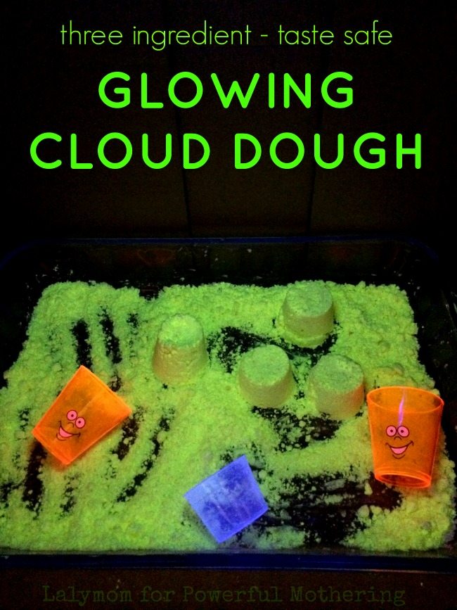 Three Ingredient Taste Safe Glowing Cloud Dough - a kid friendly play recipe guest post by Lalymom on PowerfulMothering.com - wow this looks so cool!