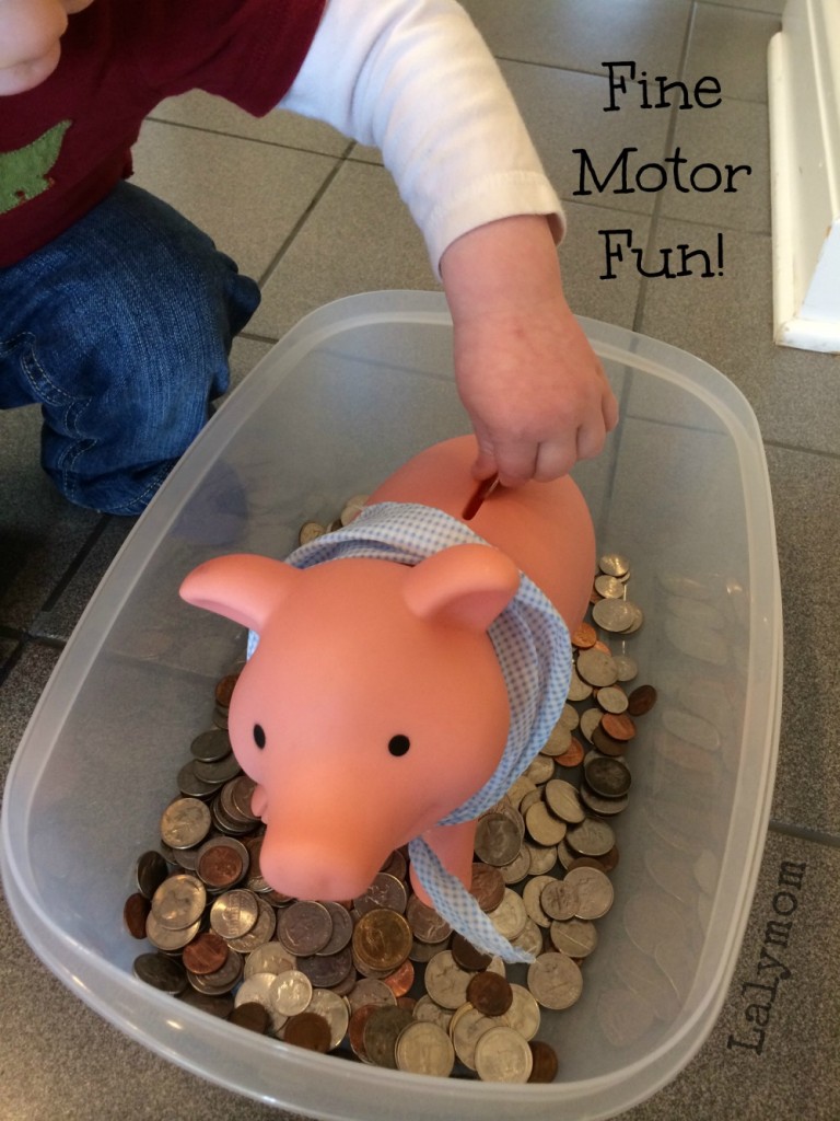Piggy Bank Coins Sensory Bin for Toddlers Using Real Money from Lalymom