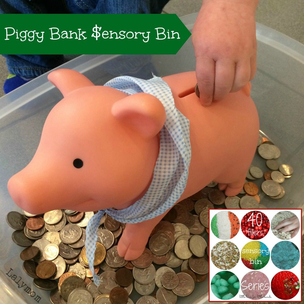 Piggy Bank Sensory Bin Using Coins from Lalymom Part of 40 Sensory Bin Fillers Series