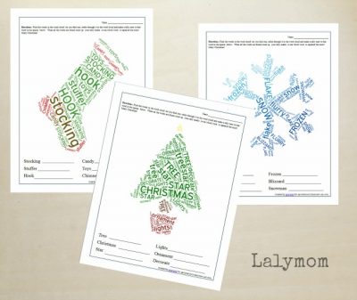 Christmas Word Clouds - Stocking, Christmas Tree, Snowflake and Gingerbread man. Perfect word search with Christmas themed vocabulary. Fun activity for kids!