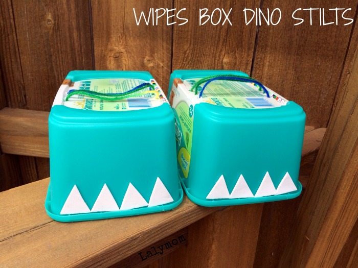 Wipes Box Dino Stilts make fun Dinosaur Activities for Preschoolers! These Dinosaur Feet Stilts for Kids are made from Wipes Containers. Great for Gross Motor Skills Development! from Lalymom