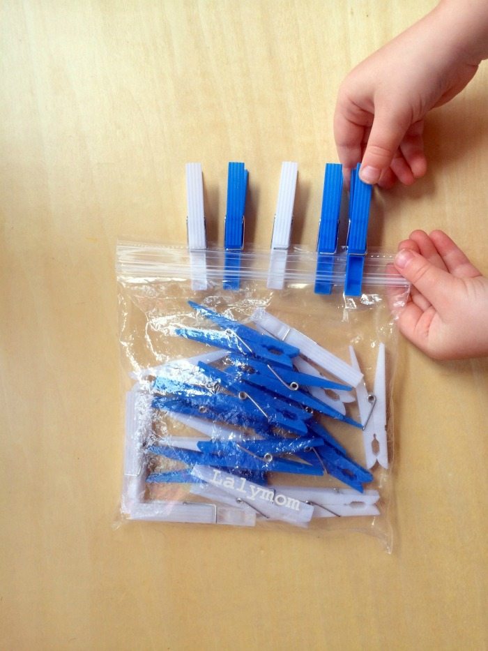 Easiest Busy Bag Ever- 20 Fine Motor Skills Activities Using Clothespins on Lalymom.com