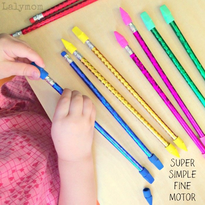 Pencils + Erasers Color Match makes for SUPER simple fine motor practice with everyday objects for preschoolers and older toddlers. Found on Lalymom.com