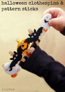 Halloween Clothespins and Pattern Sticks Fine Motor Skills Activity on Lalymom.com - so cute and easy!