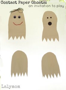 Contact Paper Ghost Crafts - A Halloween Fine Motor Invitation to Play on Lalymom.com look at how cute this is! Would be fun for a kids Halloween party or playdate!