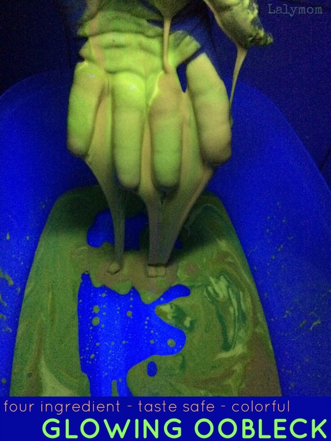 Four Ingredient Glowing Taste Safe Oobleck - Super Fun Play Recipe for kids on Lalymom.com - So much messy fun for toddlers or preschoolers!
