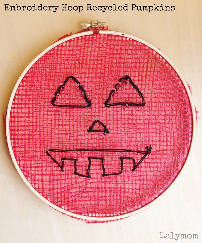 Embroidery Hoop Recycled Pumpkins - Fine Motor Halloween Craft on Lalymom.com - how cute and love the idea of getting free mesh from the grocery store!