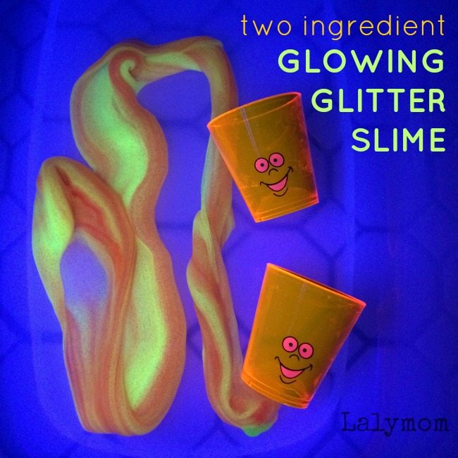 Two Ingredient Recipe to Make Glitter Glow in the Dark Slime on Lalymom.com - so easy and it looks like glowing lava! Cool kids science activity!