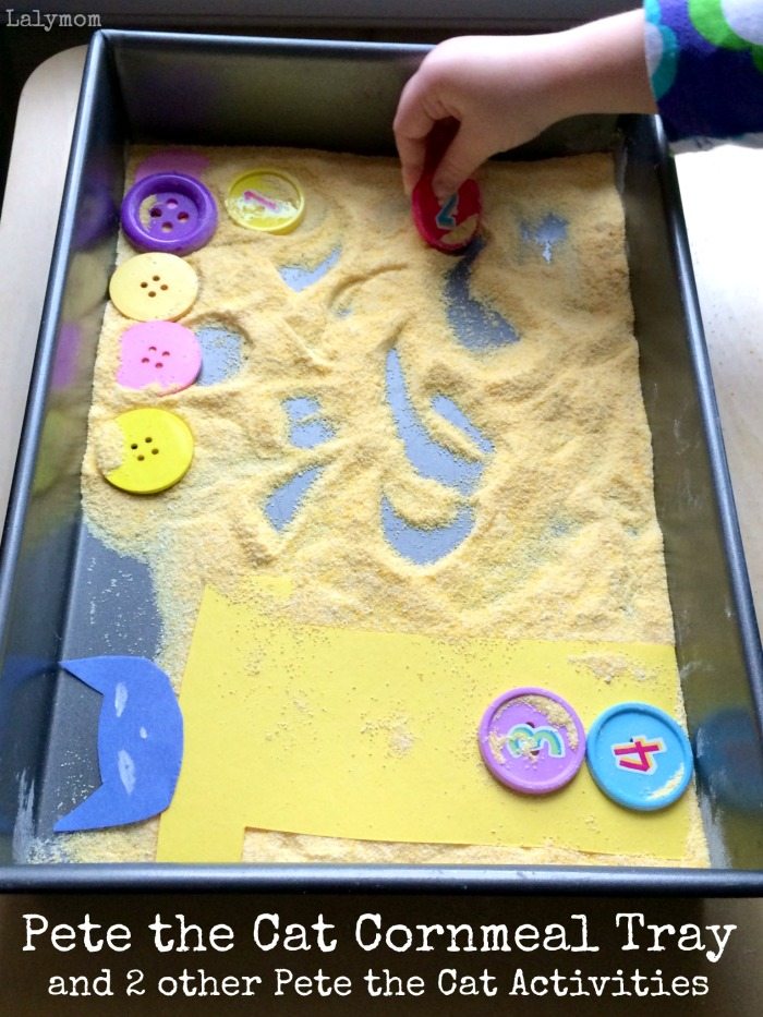 3 Pete the Cat Book Extension Activities on Lalymom.com - drawing swirls in cornmeal with buttons - great pre writing activity for kids!