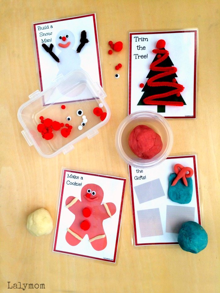 Free Printable Christmas Themed Playdough and Activity Cards for Kids on Lalymom.com - Cute holiday busy bag idea!