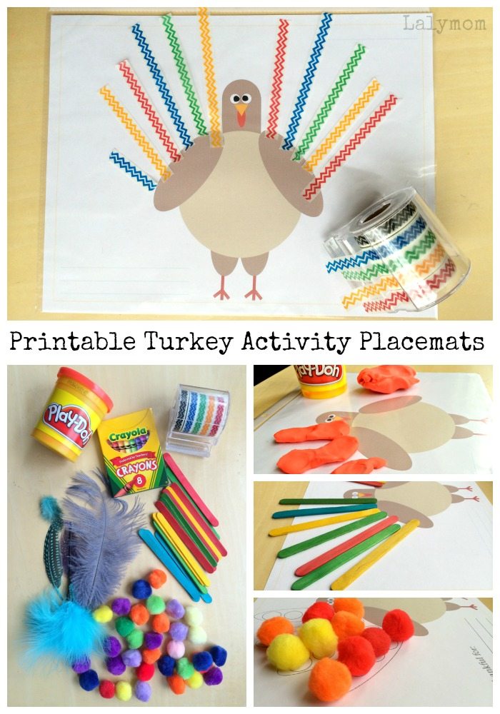 Free Printable Turkey Activity Placemats on Lalymom.com - perfect for playdough mats, pom poms, crayons, washi tape and more! Great fine motor skills activity too!