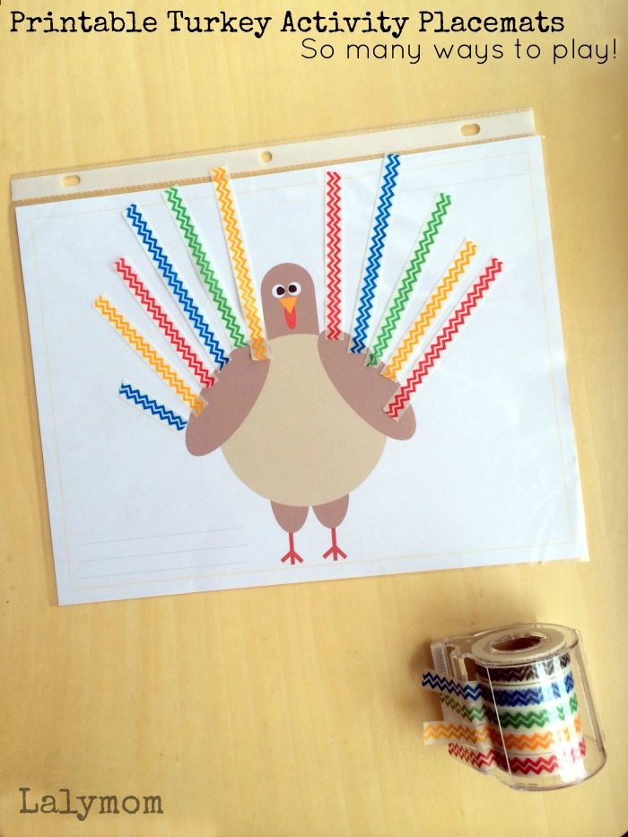 Kids Thanksgiving Craft- Printable Turkey Activity Placemats on Lalymom.com - pair with tons of crafts supplies and household items to keep kids busy while they wait for dinner!