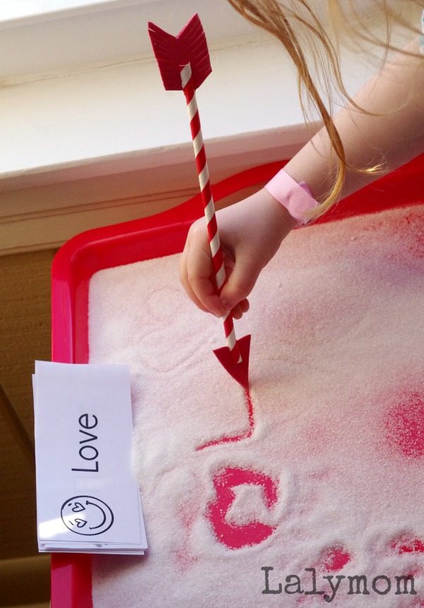Valentine's Day Salt Tray with DIY Arrow - easy writing activity for kids