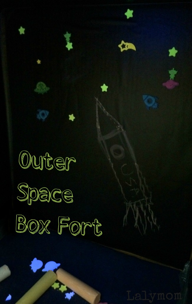 This outer space box fort is so cool!  My kids loved it! You can color on the vertical and horizontal surfaces.