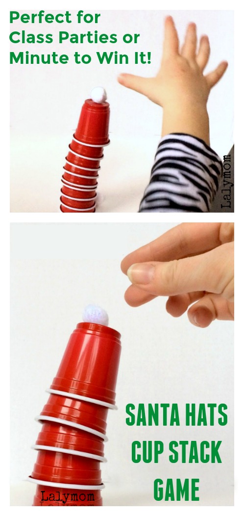 Santa Hats Cup Stack Game - Perfect for Class Parties or Minute to Win it! #christmas #christmasgame #minutetowinit