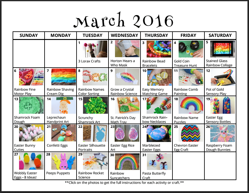 March Play Calendar - 31 Days of Kids Activities with March Themes- Lorax, Seuss' Birthday, St. Patrick's Day and Easter.' Birthday, St. Patrick's Day and Easter.