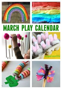 March Play Calendar- 31 Days of Themed Crafts and Activities for Kids, featuring Seuss activities, St. Patrick's Day Ideas, Easter Fun and More