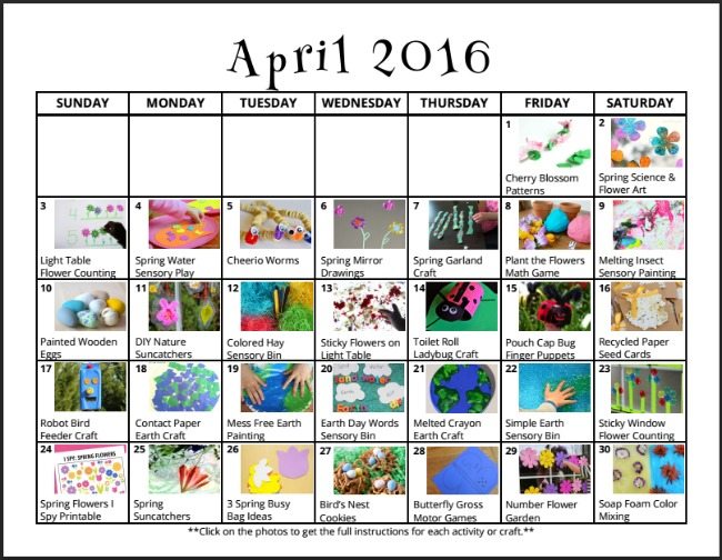 April Play Calendar on Lalymom - Lots of fun play ideas for Earth Day, gardening themes, nature, flowers, insects and more!