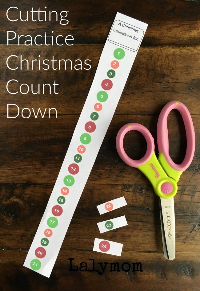 Cutting Practice Christmas Countdown Activities for Kids- Free Printables for family or the classroom! Great for beginning scissors users.