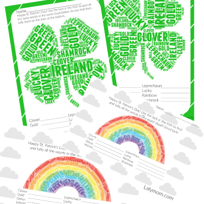 St. Pat's Shamrock and Rainbow Word Cloud Printable Activities for Kids