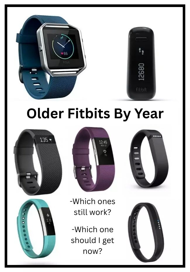 Photos of seven older fitbit models. Text reads: Older Fitbits By Year. Which ones still work?? which one should I get now?