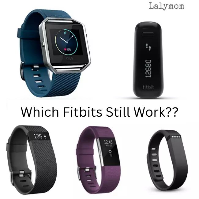 Photos of 5 older Fitbit models with text reading "Which Fitbits Still Work??"