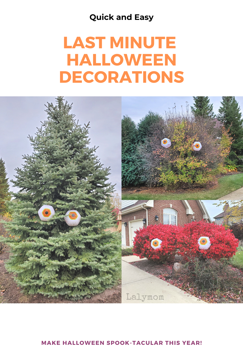 Trees and bushes with inflatable eyeball beach balls, perfect for a funny Outdoor Halloween Decoration Idea