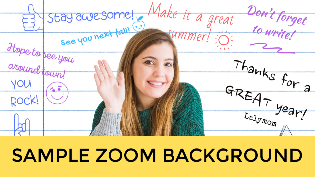Picture of a girl waving, background is notebook paper with various signatures, made to look like kids have signed her yearbook. Showing users what a Zoom Virtual Background would look like on a video chat.