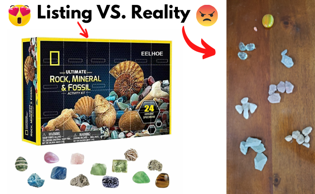 Photo of a rock and gem advent calendar with pretty, sparkly rocks in from of it, compared to a user photo of ordinary rocks. Text says Listing Vs Reality