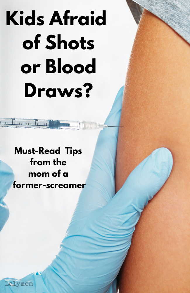 gloved hand inserting a shot into an arm. text reads Kids Afriad of Shots or Blood Draws Kid-Approved Tips for needle anxiety from the mom of a former screamer