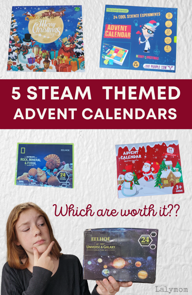 Text reads: 5 Steam Themed Advent Calendars. Which are worth it? Kid holding an advent calendar, 4 others pictured. 