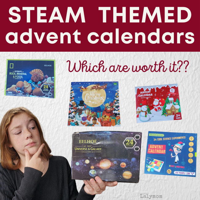 Text that reads Steam themed advent calendars, Which are worth it? Photos of various advent calendars with a kid looking at one. 