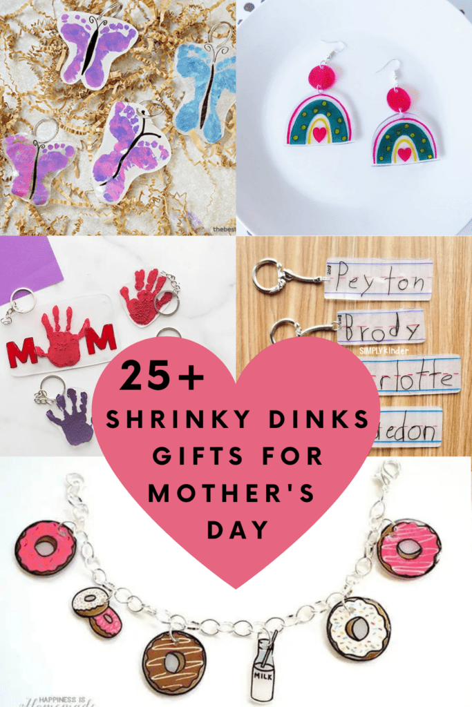 collage of five projects made using shrinky dinks. Mom keychain, kid name keychain, rainbow earrings, donut charm bracelet and footprint keychains