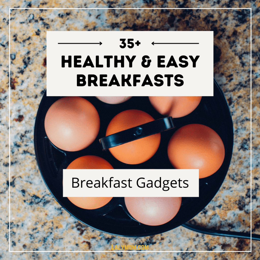 Egg cooker on a counter filled with eggs. Text reads 35+ Healthy & East Breakfasts. Breakfast Gadgets