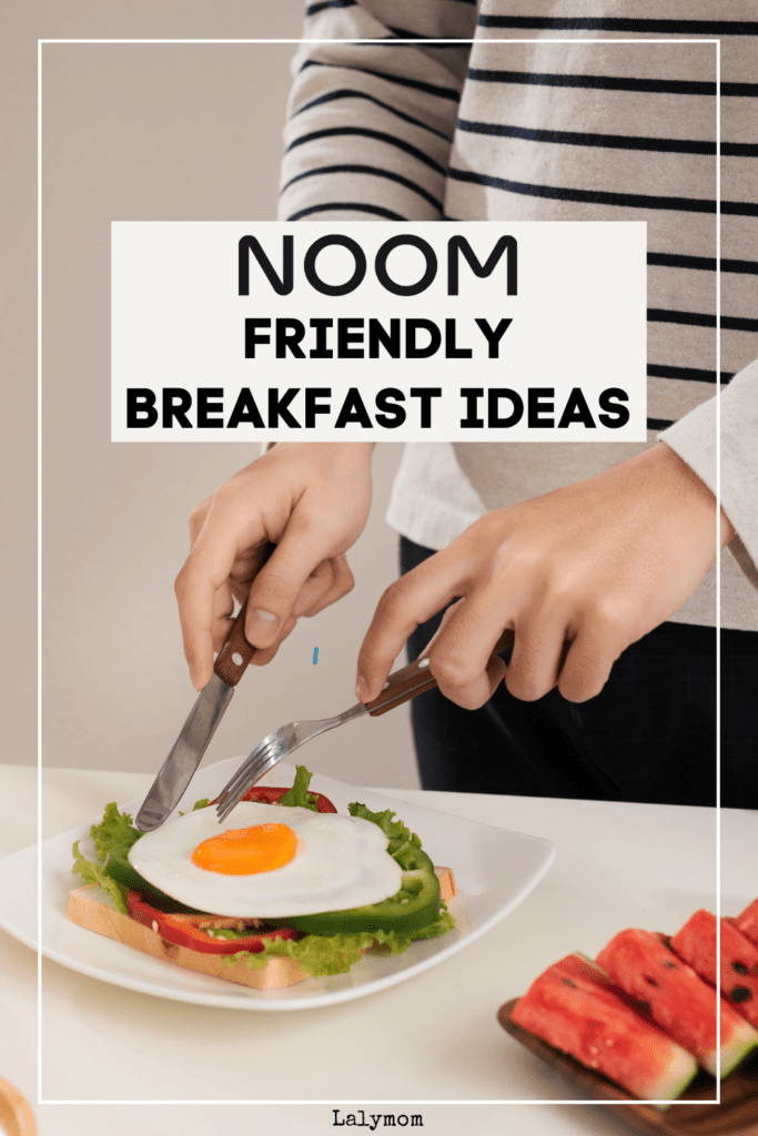 Photo of a woman's hands cutting into food on a plate. Text says Noom Friendly Breakfast Ideas