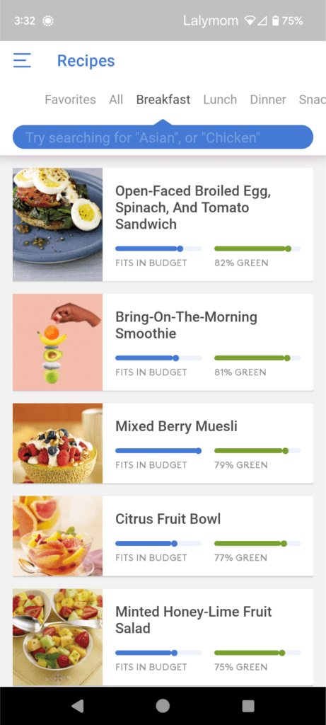 Screenshot of the recipes tab in the Noom weight loss app, showing names and photos of various breakfast foods. 