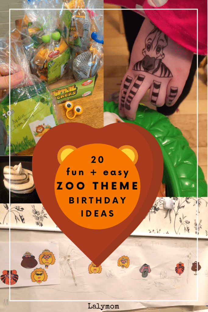 Photo collage with zoo goodie bag, zebra kids tattoo, zebra meringue, and zoo sticker mural. Text reads 20 fun & easy zoo theme birthday ideas 