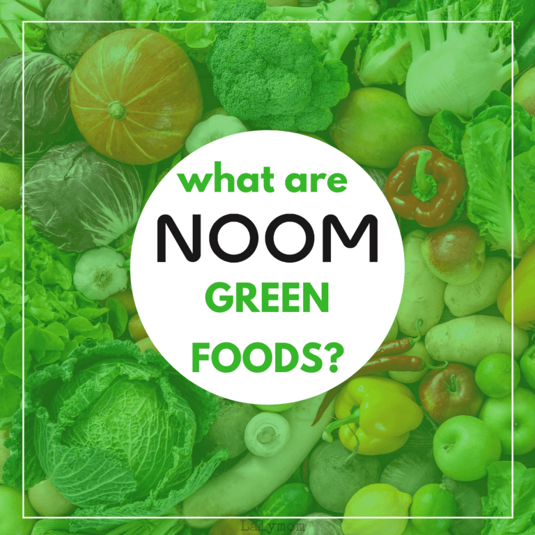 Photo of various fruits and vegetables with a green overlay. Text reads what are Noom green Foods?