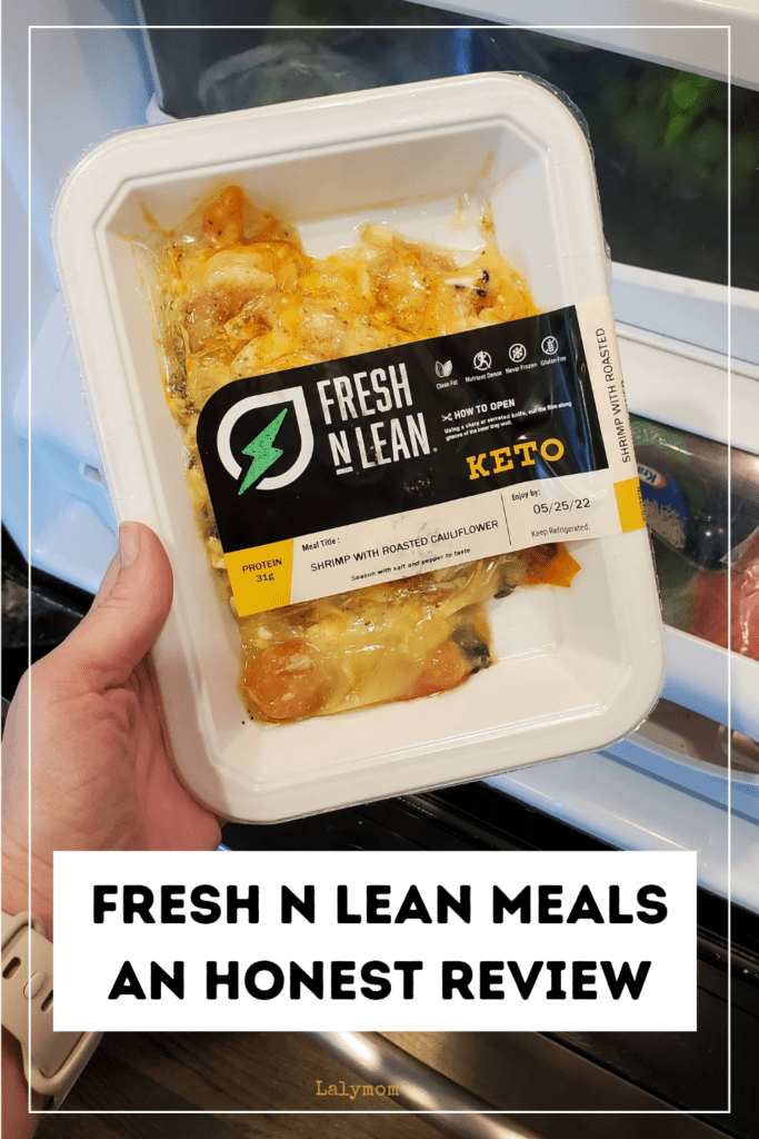 Photo of a Fresh N Lean packaged meal in front of an open fridge. Text reads Fresh N Lean Meals an Honest Review.