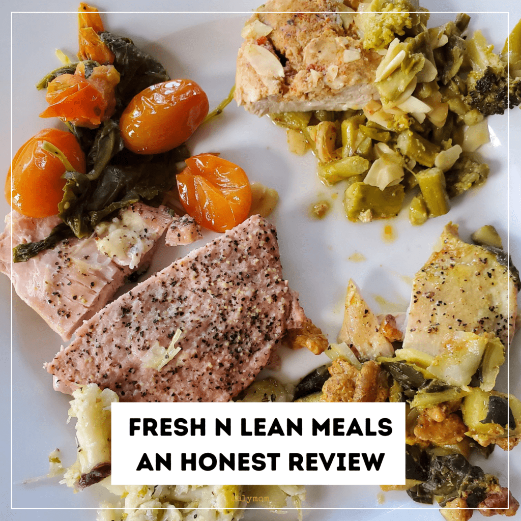 Photo of a plate with small portions of Fresh N Lean meals with text that reads Fresh N Lean Meals An Honest Review