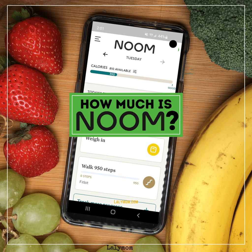 Photo of a cell phone showing the Noom weight loss app, surrounded by fruit. Text reads How Much is Noom?