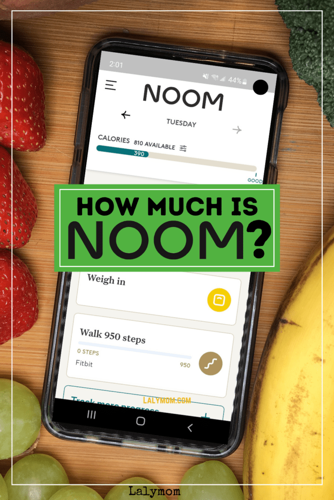 Photo of a mobile phone displaying the Noom app, surrounded by strawberries, banana grapes and broccoli. Text reads How much is Noom?