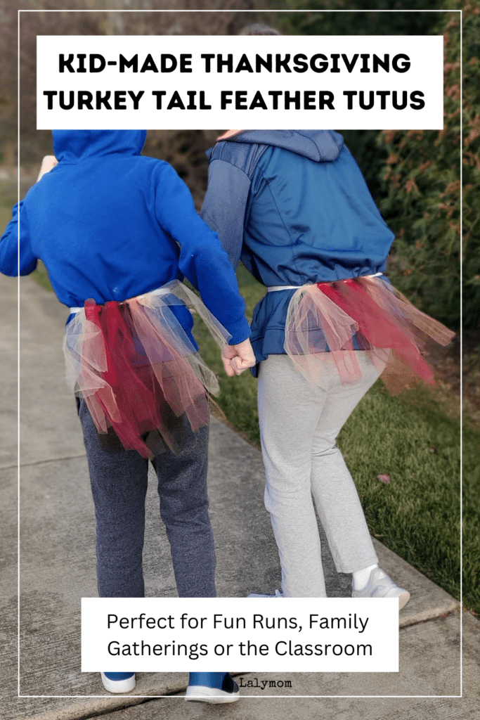 Photo of two kids running. Kids are wearing sweats and a thanksgiving tutu made of tulle.