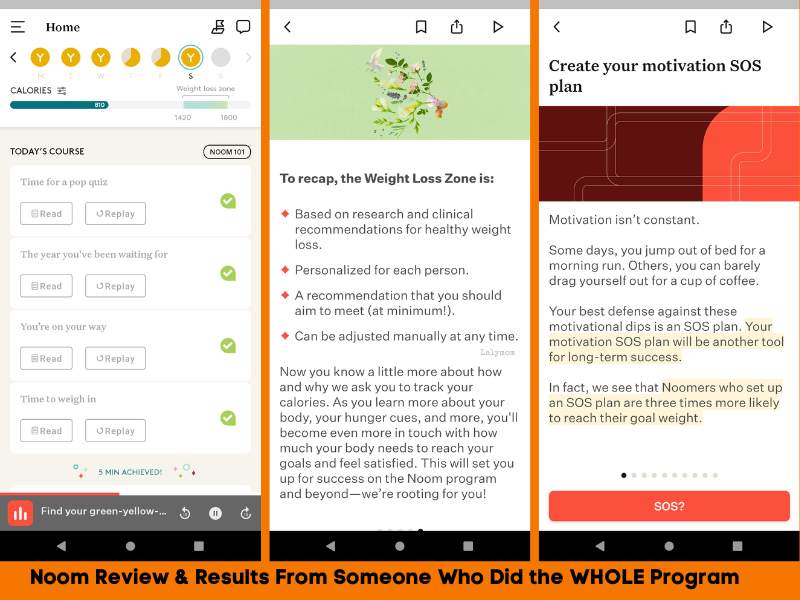 Three screenshots of the Noom weightloss app (showing the home menu and two sample lessons) Text reads Noom Review & Results from Someone Who Did the WHOLE Program