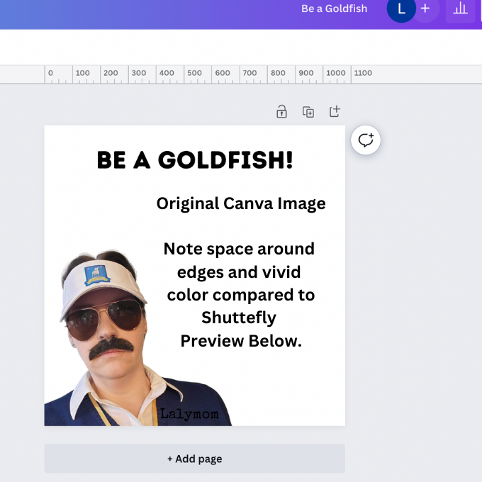 Graphic Design website dashboard with photo of a woman dressed like Ted Lasso. Text reads, "Be a Goldfish" and "Original Canva Image Note space around edges and vivid color compared to Shuttefly Preview Below."