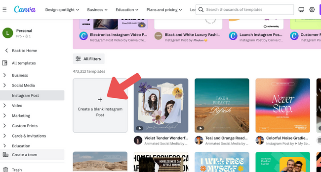 Screenshot of Canva.com arrow pointing to Create Blank Instagram Post