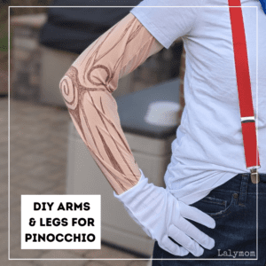 Photo of a person's arm wearing a sleeve made to look like wooden puppet arms. Text reads DIY Arms & legs for Pinocchio