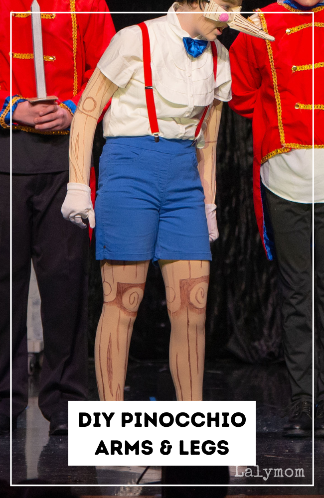 Photo of an actor wearing a Pinocchio costume. Text reads DIY Pinocchio Arms & Legs.