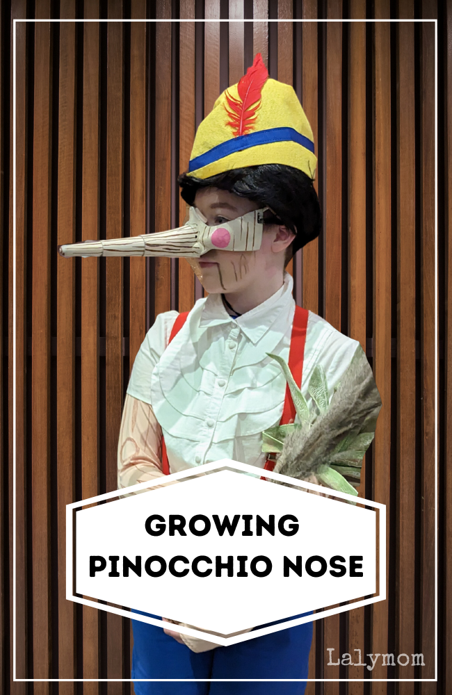 photo of an actor dressed as Pinocchio, text overlay says growing pinocchio nose