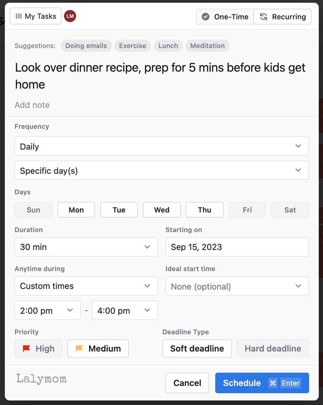 Screenshot of Motion AI Calendar App, entering a task titled Look over dinner recipe and prep for 5 mins before kids get home.